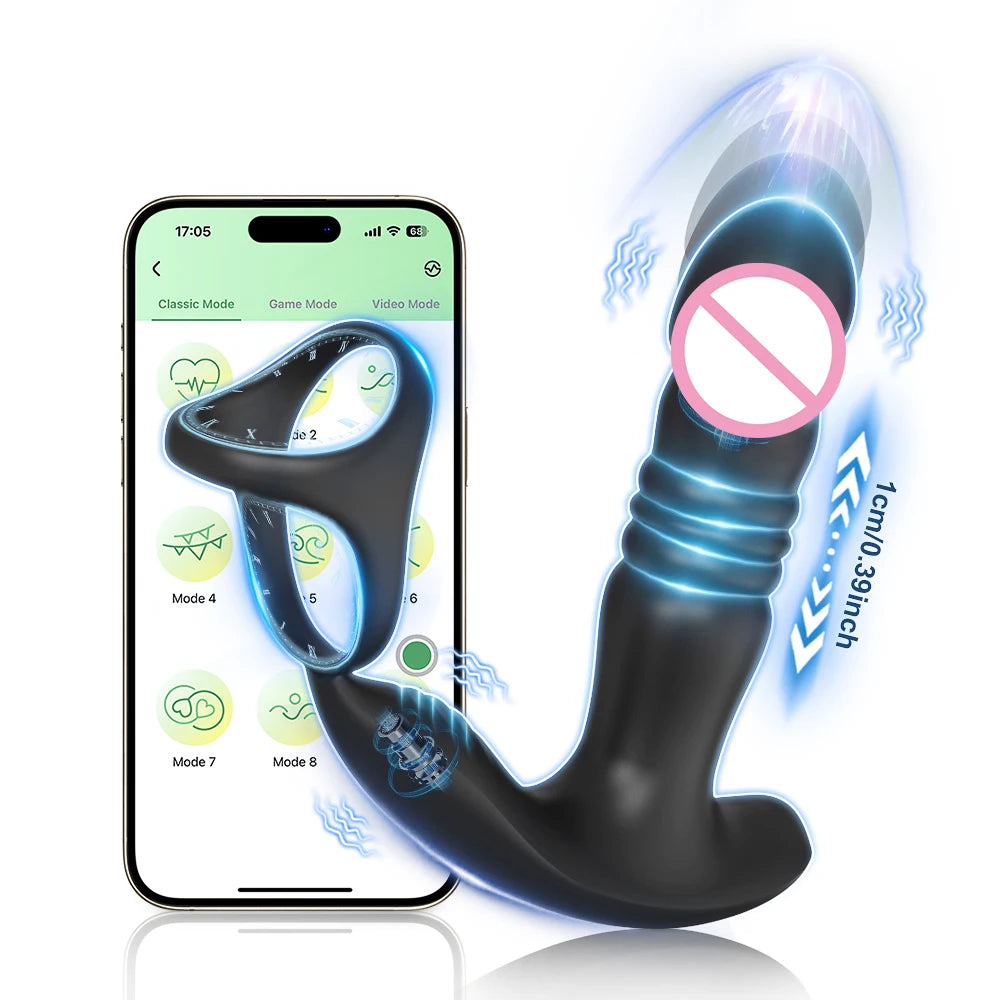 APP Control Thrusting Prostate Massager for Men Telescopic Anal Vibrator for Gay Butt Plug Cock Ring Adult Goods Sex Toy for Men